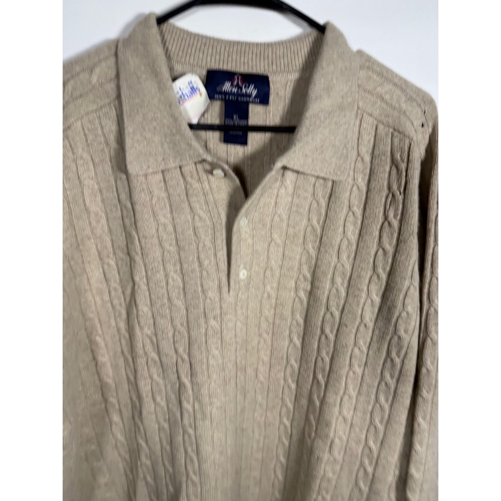 Allen Solly Mens XL Beige 100% 2Ply Cashmere Cable Knit Polo Long Sleeve FLAWS